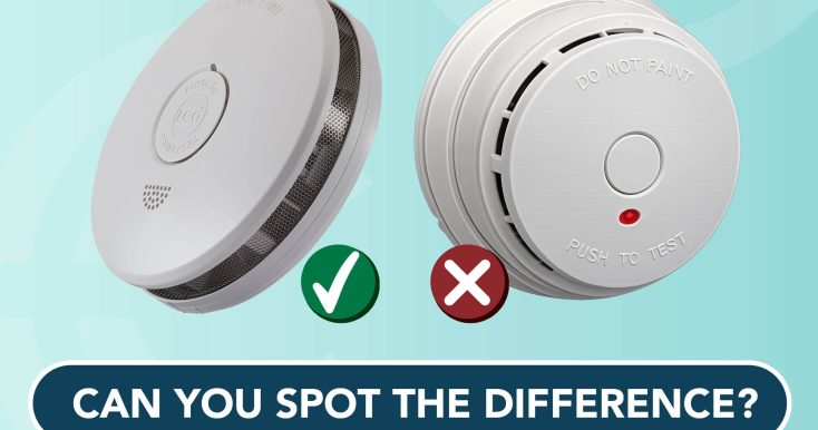 two smoke alarms, one with a check in a green circle in front of it and one with a red cross in front of it. A pill shaped subline asking "Can you spot the difference?" is situated below the two smoke alarms